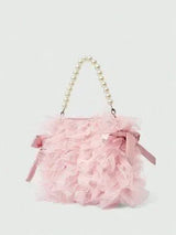 🎀💖 Pink Mesh Bow & Faux Pearl Chain Handbag