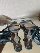 💙 Blue Denim Clear Heel Lace-Up Sandal Mules EU38 US 7.5