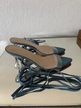 💙 Blue Denim Clear Heel Lace-Up Sandal Mules EU38 US 7.5