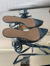 💙 Blue Denim Clear Heel Lace-Up Sandal Mules EU38 US 7.5