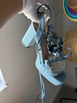 💎 Denim Rhinestone Lace Up Platform Heels EU37 US6.5/7