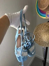 💎 Denim Rhinestone Lace Up Platform Heels EU37 US6.5/7