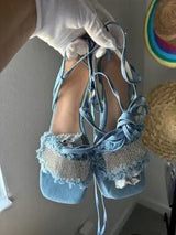 💎 Denim Rhinestone Lace Up Platform Heels EU37 US6.5/7