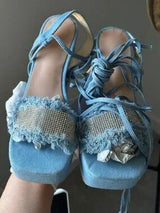 💎 Denim Rhinestone Lace Up Platform Heels EU37 US6.5/7