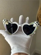 NWT White Heart Skull Rhinestone Sunglasses w/ Box 💀💎🕶️✨