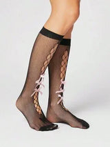 🖤 Pink Bow Fishnet Knee High Socks One Size