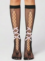🖤 Pink Bow Fishnet Knee High Socks One Size
