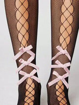 🖤 Pink Bow Fishnet Knee High Socks One Size