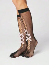 🖤 Pink Bow Fishnet Knee High Socks One Size
