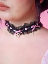 🎀 Black Lace Lolita Bow Heart Choker Necklace