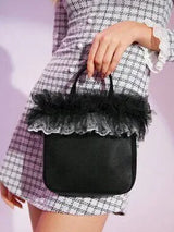 🖤 Black Satin Mini Tote Bag w/ Tulle Lace Ruffle