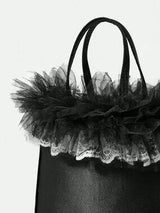 🖤 Black Satin Mini Tote Bag w/ Tulle Lace Ruffle