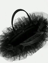 🖤 Black Satin Mini Tote Bag w/ Tulle Lace Ruffle