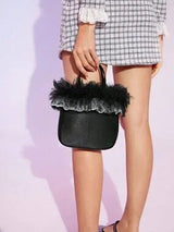 🖤 Black Satin Mini Tote Bag w/ Tulle Lace Ruffle
