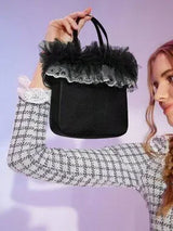 🖤 Black Satin Mini Tote Bag w/ Tulle Lace Ruffle