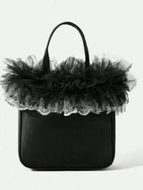 🖤 Black Satin Mini Tote Bag w/ Tulle Lace Ruffle