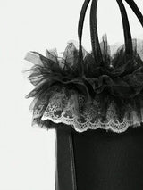 🖤 Black Satin Mini Tote Bag w/ Tulle Lace Ruffle
