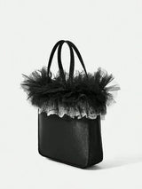 🖤 Black Satin Mini Tote Bag w/ Tulle Lace Ruffle