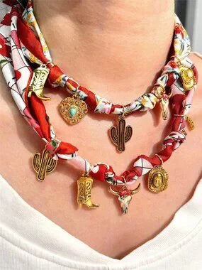 2pc Western Bandana Scarf Charm Necklace Cowgirl Boot Cactus