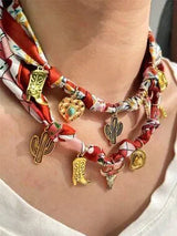 2pc Western Bandana Scarf Charm Necklace Cowgirl Boot Cactus
