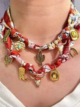 2pc Western Bandana Scarf Charm Necklace Cowgirl Boot Cactus
