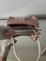 🎀 Pink Bow Pearl Handle Faux Leather Handbag Clutch Purse