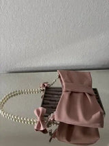 🎀 Pink Bow Pearl Handle Faux Leather Handbag Clutch Purse