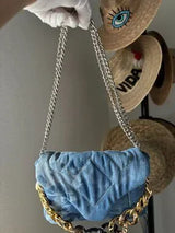 👜 Blue Quilted Denim Mixed Chain Shoulder Bag Purse