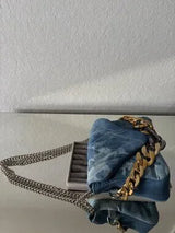 👜 Blue Quilted Denim Mixed Chain Shoulder Bag Purse