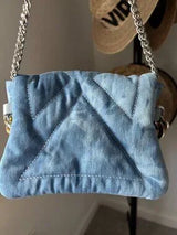 👜 Blue Quilted Denim Mixed Chain Shoulder Bag Purse
