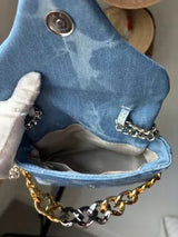 👜 Blue Quilted Denim Mixed Chain Shoulder Bag Purse