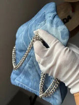 👜 Blue Quilted Denim Mixed Chain Shoulder Bag Purse