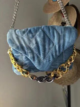👜 Blue Quilted Denim Mixed Chain Shoulder Bag Purse