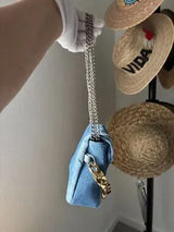👜 Blue Quilted Denim Mixed Chain Shoulder Bag Purse