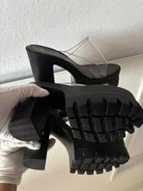 🖤 Black Clear PVC Chunky Platform Mule Heels US 8–8.5