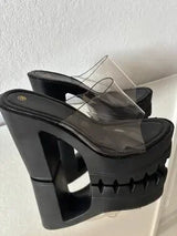 🖤 Black Clear PVC Chunky Platform Mule Heels US 8–8.5