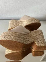 🤎 Beige Suede Raffia Platform Mule Heels US 8–8.5