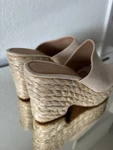 🤎 Beige Suede Raffia Platform Mule Heels US 8–8.5