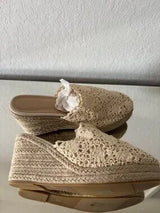 🤍 Cream Crochet Espadrille Wedge Mule Sandals US 8–8.5