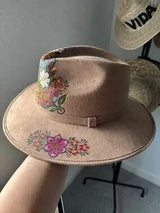 🌺 Mexican Hand-Painted Floral Western Hat Tan Size L