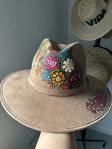 🌺 Mexican Hand-Painted Floral Western Hat Tan Size L