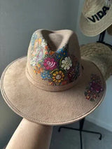 🌺 Mexican Hand-Painted Floral Western Hat Tan Size L
