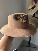 🌺 Mexican Hand-Painted Floral Western Hat Tan Size L
