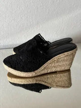 🖤 Black Crochet Espadrille Wedge Mule Sandals US 8.5