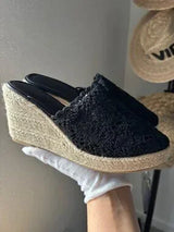 🖤 Black Crochet Espadrille Wedge Mule Sandals US 8.5
