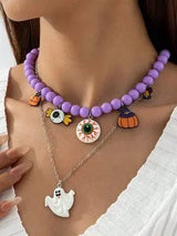 🎃 Halloween Purple Beaded Eyeball Ghost Layered Necklace Set