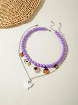 🎃 Halloween Purple Beaded Eyeball Ghost Layered Necklace Set