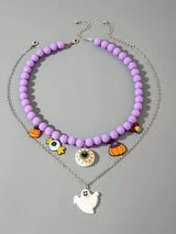 🎃 Halloween Purple Beaded Eyeball Ghost Layered Necklace Set