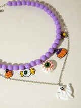 🎃 Halloween Purple Beaded Eyeball Ghost Layered Necklace Set