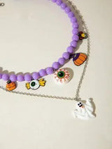🎃 Halloween Purple Beaded Eyeball Ghost Layered Necklace Set